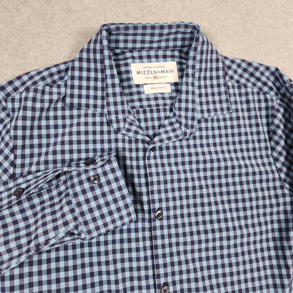Mizzen Main Leeward Button Up Shirt Mens Medium Trim Fit Blue Gingham‎ Check USA